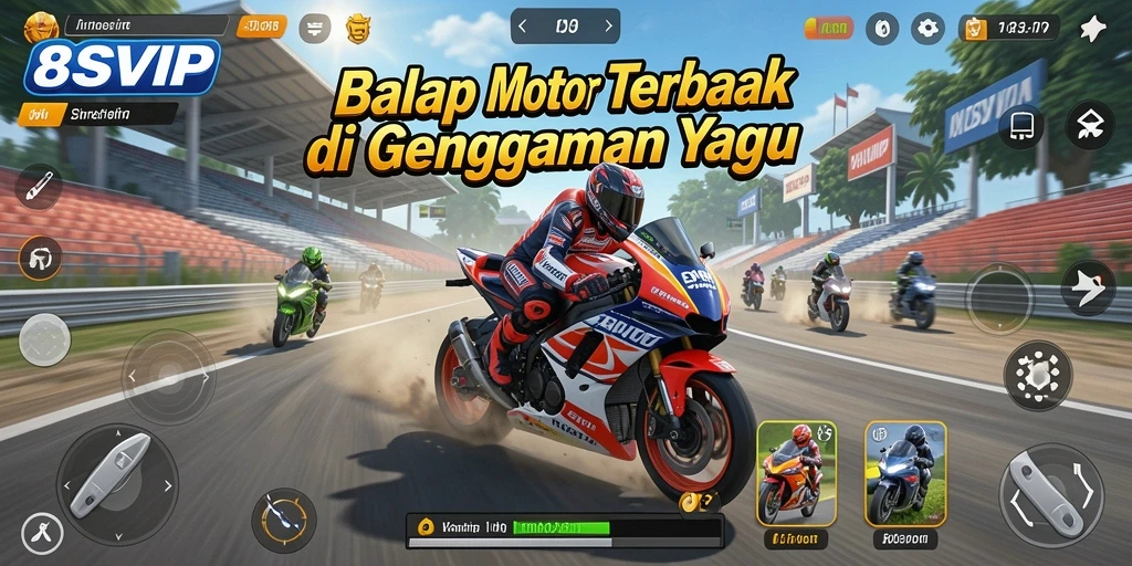 Screenshot gameplay 8SVIP dengan balapan motor yang mendebarkan.