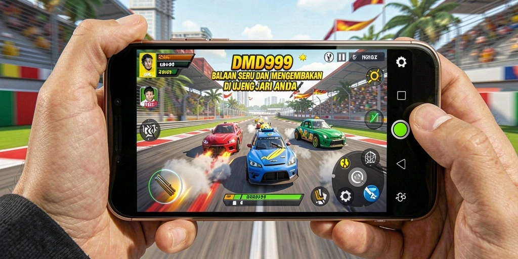 Gameplay seru DMD999 dengan mobil balap di jalur balap.