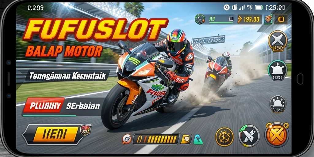 Gameplay seru FUFUSLOT dengan balapan motor yang mendebarkan.