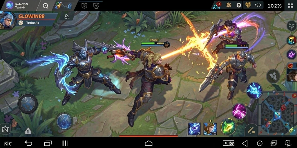 Screenshot GLOWIN88 menampilkan aksi heroik dalam pertempuran MOBA.