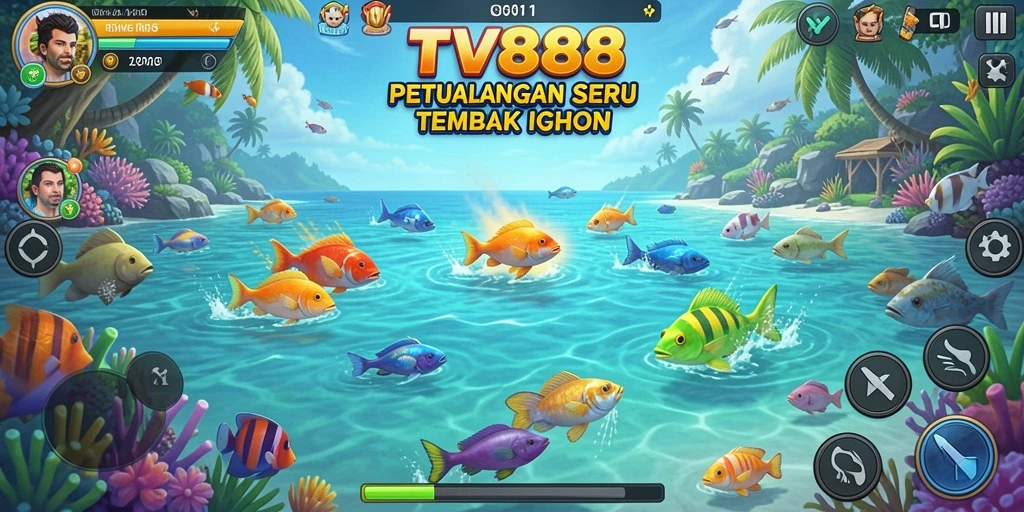 Screenshot utama TV888 menampilkan aksi seru menembak ikan.