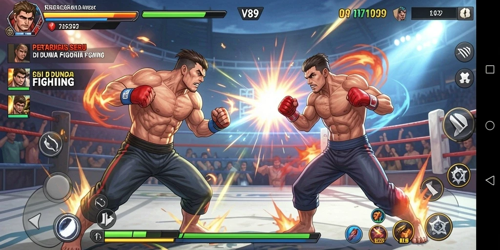 Screenshot gameplay V89 dengan pertarungan seru antar karakter.